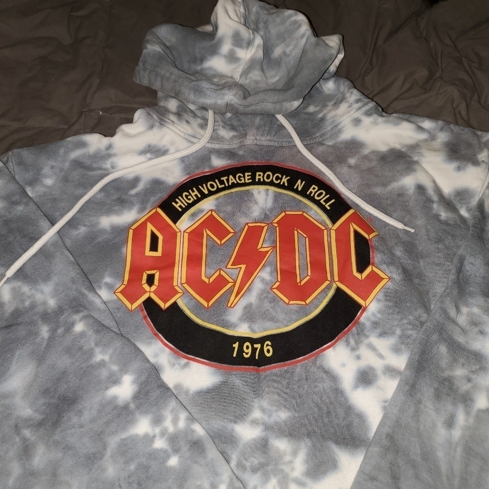 Ac/dc high voltage rock n roll 1976 gray and white tie dye hoodie